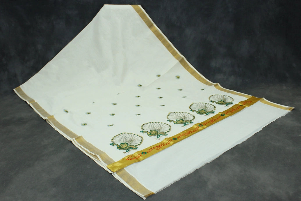 White Kerala Cotton Saree with Gold Zari and Green Peacock Thread Embroidery, Lightweight Traditional Pallu, Includes Blouse Piece