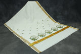 White Kerala Cotton Saree with Gold Zari and Green Peacock Thread Embroidery, Lightweight Traditional Pallu, Includes Blouse Piece