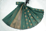 Bottle Green Silk Cotton Saree with Zari Border, Borderless Look, Comes with Blouse