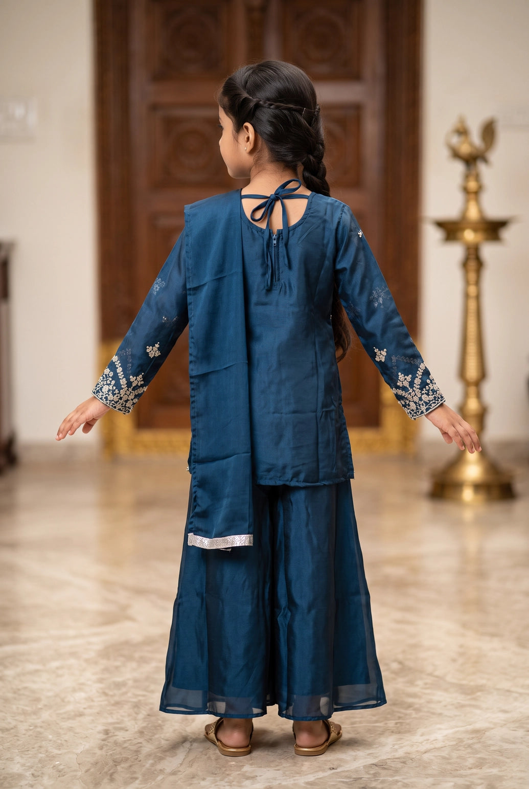 Girls Navy Blue Palazzo 3-Piece Set with Embroidered Top, Salwar & Dupatta