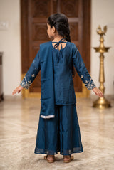 Girls Navy Blue Palazzo 3-Piece Set with Embroidered Top, Salwar & Dupatta