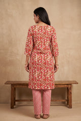 Light Pink Cotton Floral Kurti Set with Printed Pant, Chevron Panels, Lace Trims and Decorative Buttons