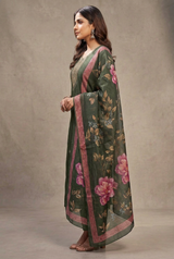 Green Roman Silk Kurta Set with Digital Organza Dupatta and Zari-Sequence Neckline Detail (3-Piece)