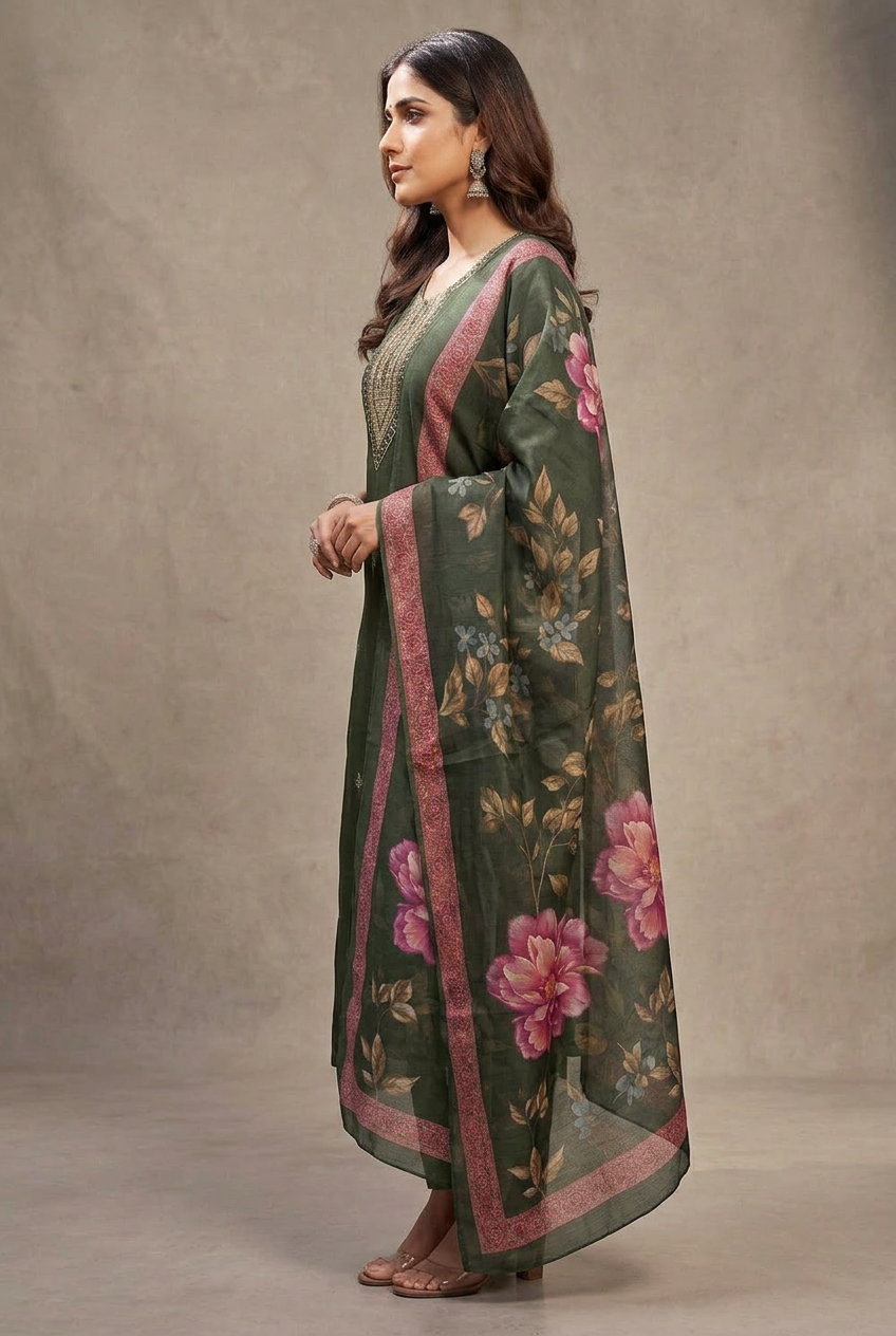 Green Roman Silk Kurta Set with Digital Organza Dupatta and Zari-Sequence Neckline Detail (3-Piece)