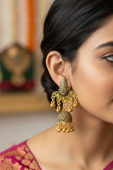 Antique Gold Kundan Jhumka Earrings with Pearl & Green Accents