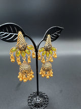 Antique Gold Kundan Jhumka Earrings with Pearl & Green Accents Jewelry JCS Fashions