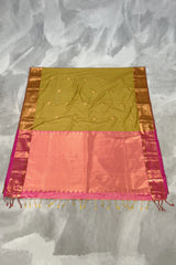 Mustard Korvai Soft Silk Saree with Delicate Gold Zari Buttas and Traditional Floral Border