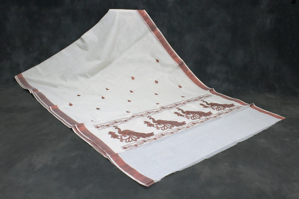 White Kerala Cotton Saree with Copper Zari Peacock Embroidery