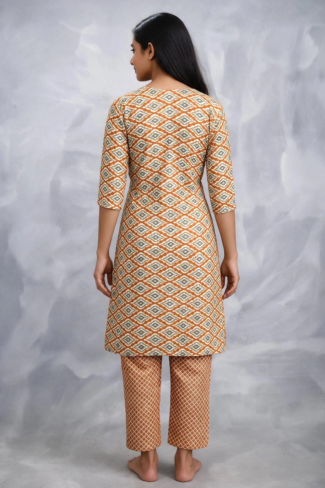 Orange Rayon 2-Piece Kurti Set with Elastic Pant, Geometric Capsule Print