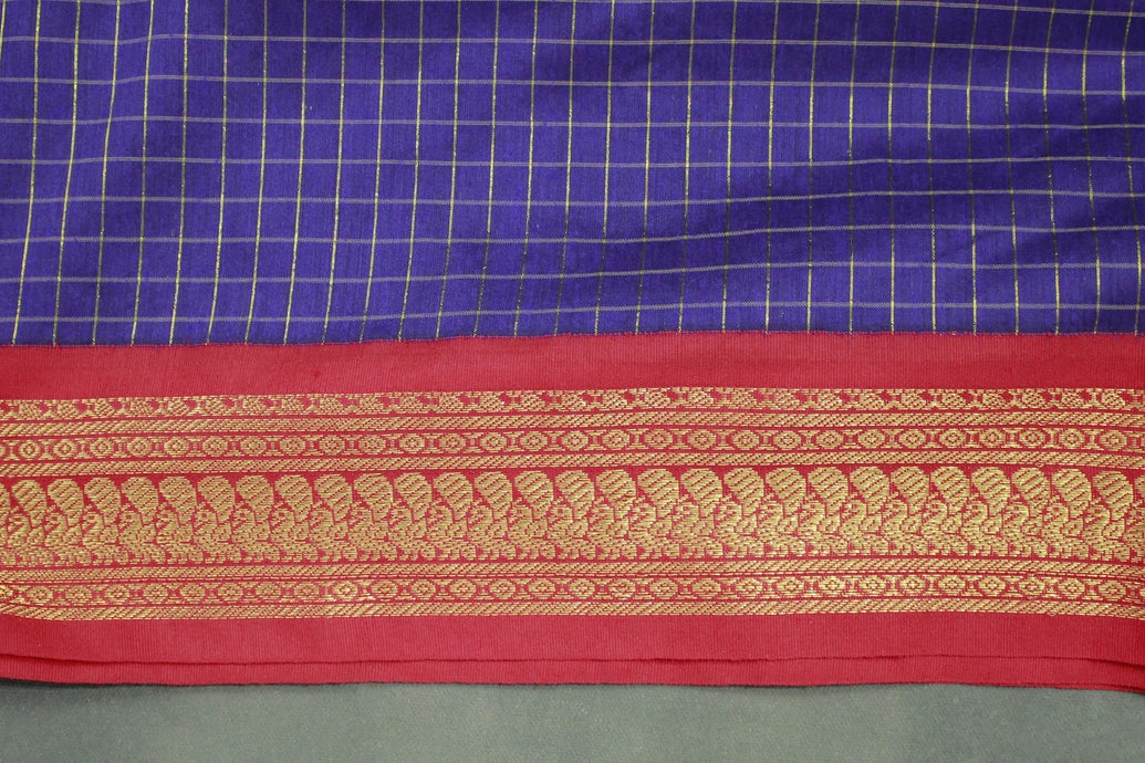 Violet Kalyani Cotton Saree with Zari Checked & Peacock Border and Blouse