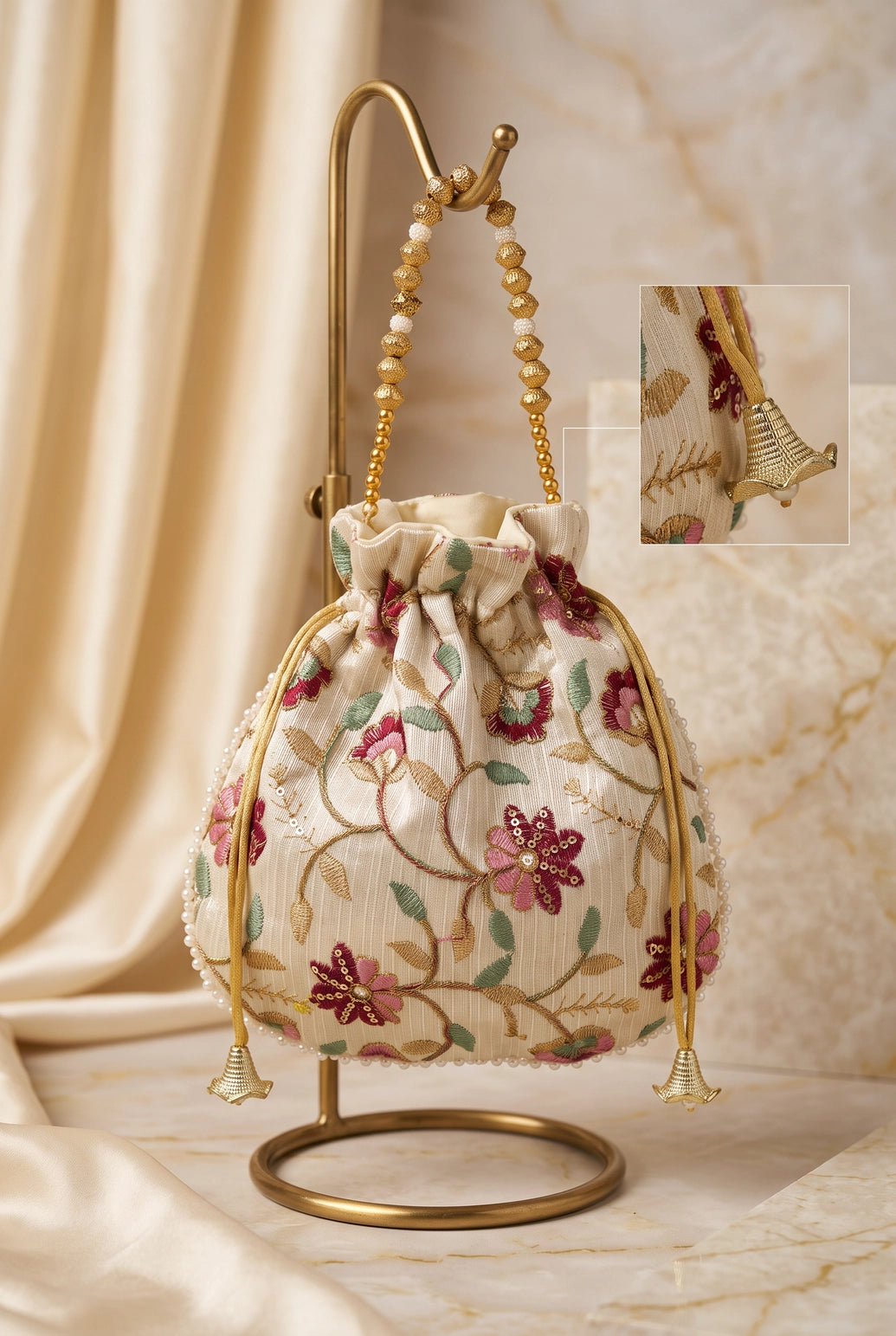 Cream Floral Embroidered Ethnic Potli Pouch with Pearl Bead Trim and Drawstring for Wedding Festive Gifting