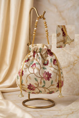 Cream Floral Embroidered Ethnic Potli Pouch with Pearl Bead Trim and Drawstring for Wedding Festive Gifting