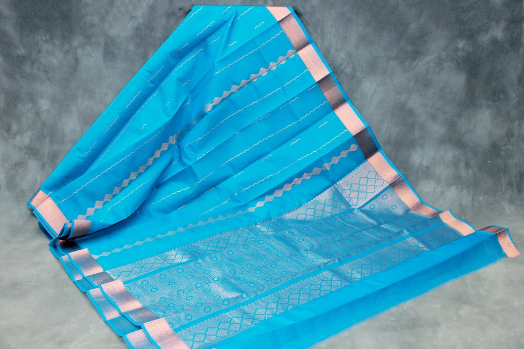Blue Silk Cotton Saree with Beautiful Zari Border and Matching Blouse Piece
