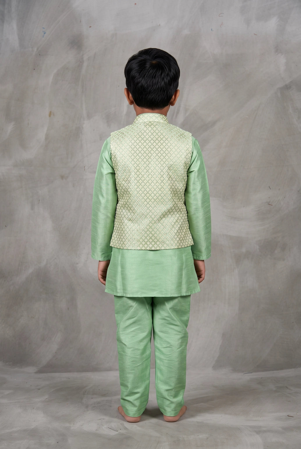 Boys Pista Green Koti Kurta Set with Printed Nehru Jacket, Matching Pants & Brooch, 3-Piece Traditional Outfit
