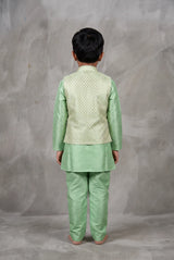 Boys Pista Green Koti Kurta Set with Printed Nehru Jacket, Matching Pants & Brooch, 3-Piece Traditional Outfit