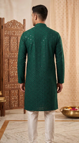 Men’s Green Lakhnavi Kurta with All-Over Buti & Stand Collar, Long Kurta for Festive Wear