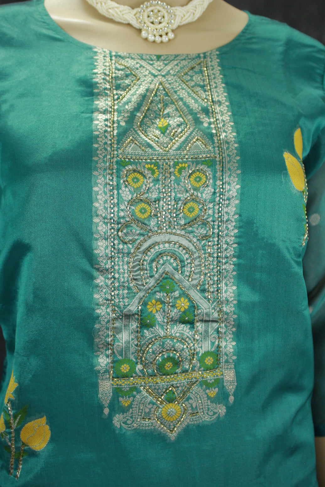 Teal Blue Jacquard Kurti Set with Bead Handwork — 3-Piece Pakistani Style Top, Elastic Pants and Jacquard Dupatta