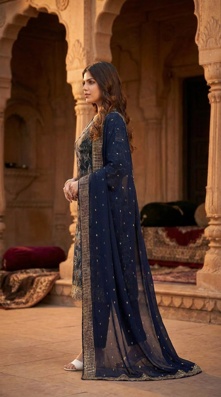 Navy Blue Floral Cotton 3-Piece Kurti Set with V-Neck Aari Work & Jacquard Dupatta, Elastic Pant