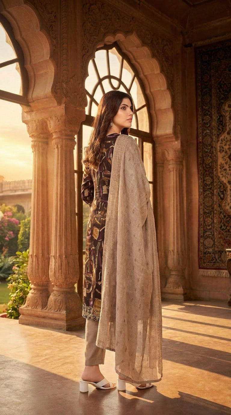 Brown Cotton Aari Work Kurti with Elastic Pant and Jacquard Dupatta 3-Piece Set for Women