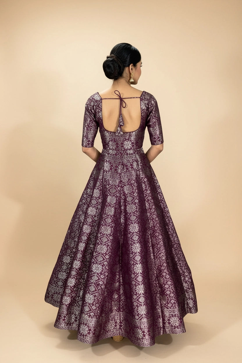 Wine Jacquard Silk Lehenga with Sleeveless Matching Blouse and Zari Motifs for Women