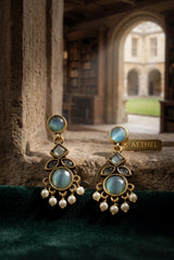 Mint Green Stone & Pearl Drop Gold-Tone Statement Earrings for Women, Oval and Square Design