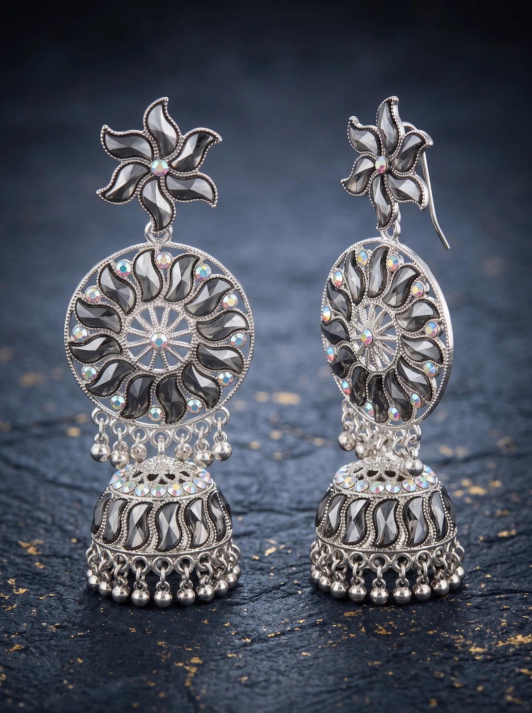 Antique Black Silver Jhumka Earrings with Floral Stud, Filigree Circle and Hanging Beads for Festive Wear