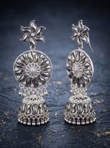 Antique Black Silver Jhumka Earrings with Floral Stud, Filigree Circle and Hanging Beads for Festive Wear