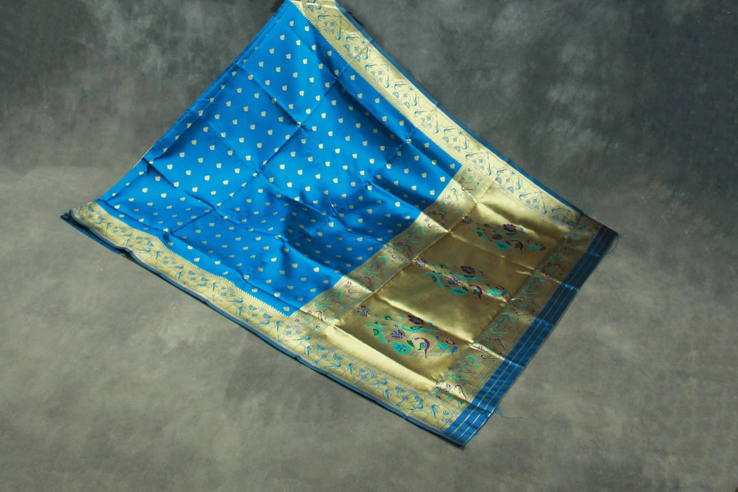 Peacock Blue Paithani Pure Silk Saree with Zari Woven Pallu & Border, Patterned Body and Butti Work