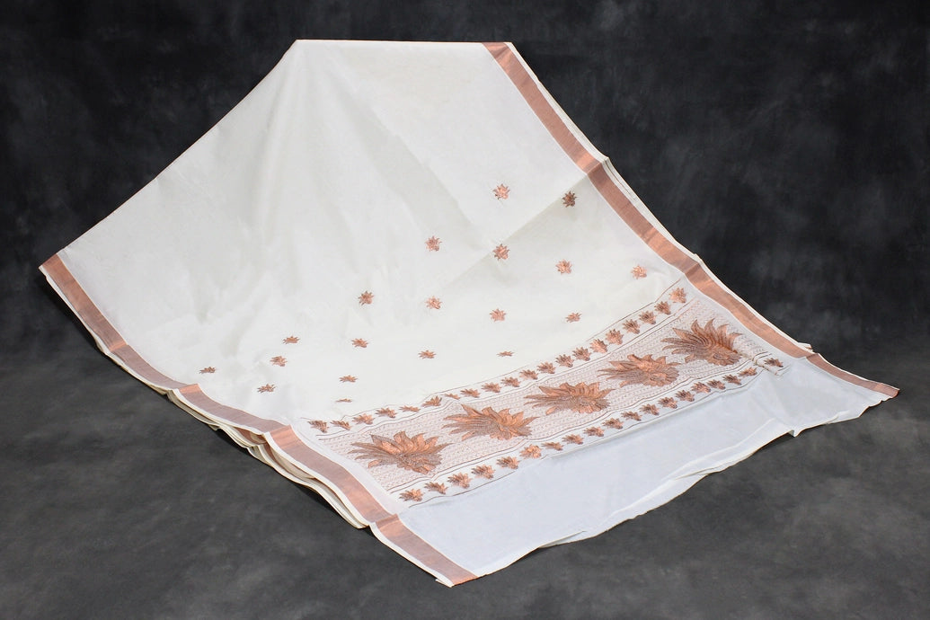 Pure Kerala Cotton Saree with Copper Zari Peacock & Leaf Embroidery, White