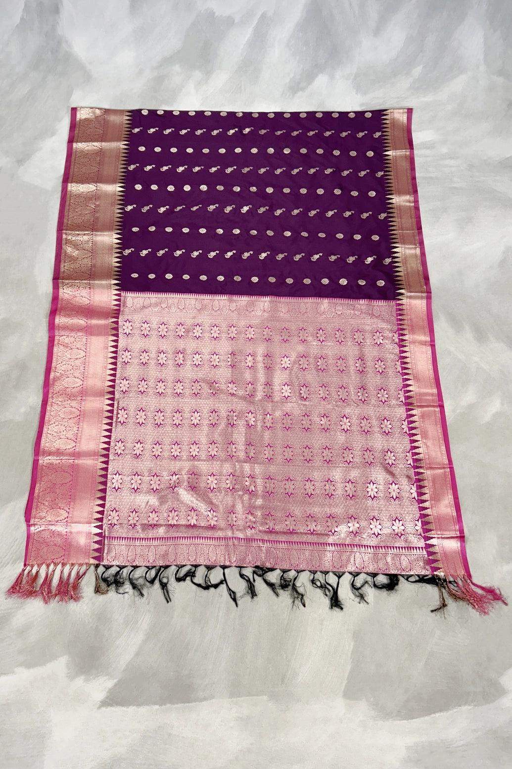 Pure Silk Saree with Heavy Pallu Border, Wine Purple and Rose Gold Contrast, Saree with Blouse Piece