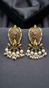 Traditional Oval Stone Antique Gold-Tone Pearl Tassel Earrings in Onion Pink & Multi-Color