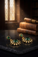 Green Stone Drop Gold-Tone Traditional Fashion Earrings with Antique Finish, Beaded Chandbali Style