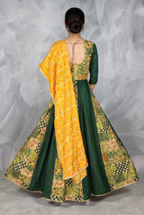 Green Navratri Chaniya Choli Set with Patola Patchwork Print Choli and Flared Skirt