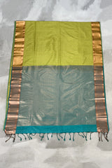 Parrot Green Korvai Soft Silk Saree with Gold Zari Buttas and Traditional Floral Border