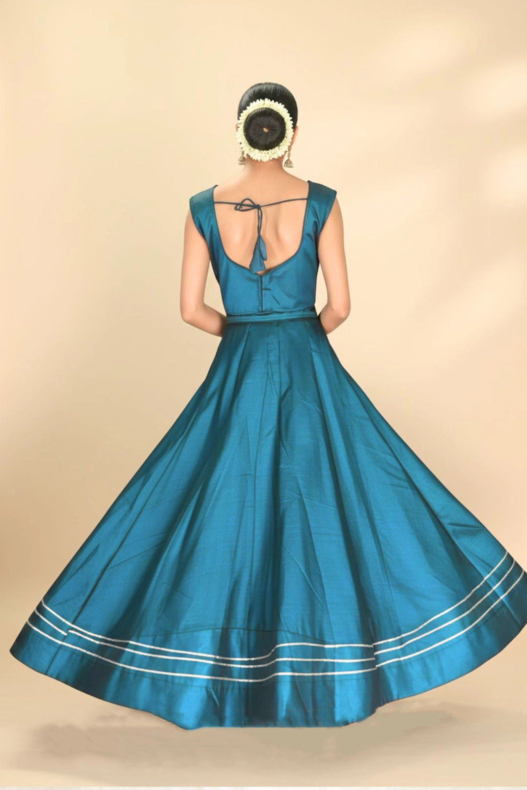 Sky Blue Silk Lehenga Set with Silver Stripe Border & Sleeveless High-Neck Blouse for Festive Wear