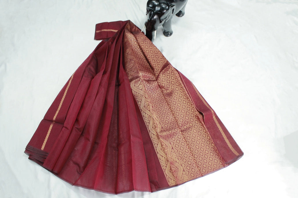 Maroon Silk Cotton Saree with Zari Border and Matching Blouse for Traditional Festive Wear
