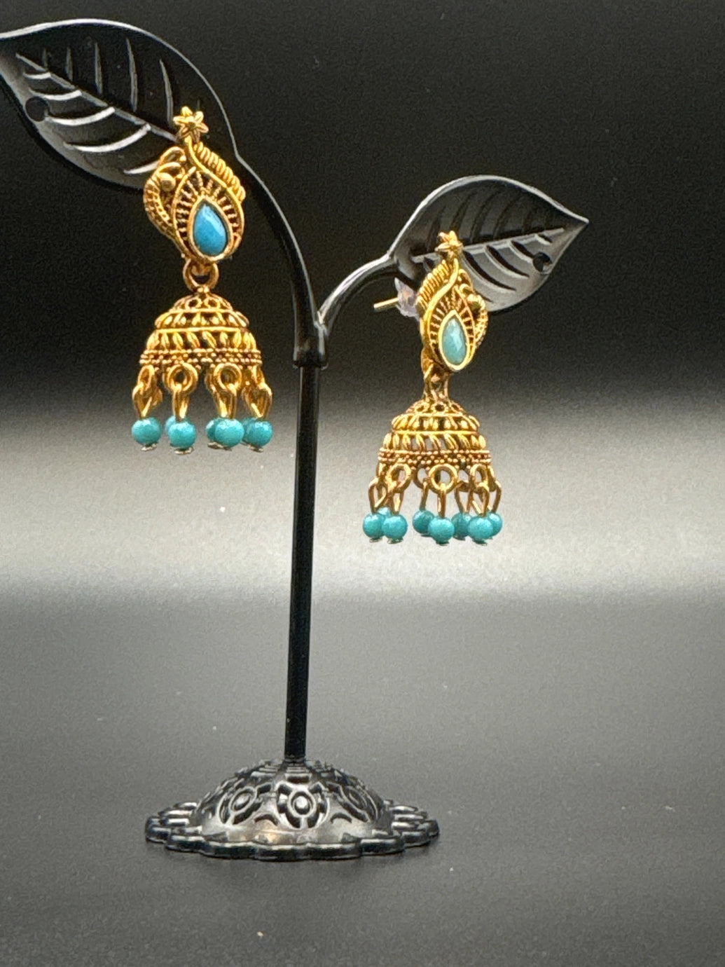 Antique Leaf-Design Jhumka Earrings for Women — Gold-Tone Traditional Jhumkas with Colour Bead Drops Jewelry JCS Fashions