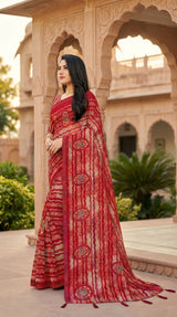 Maroon Georgette Saree with Printed Sirohki Work, Striped Pattern & Contrast Border for Traditional Wear