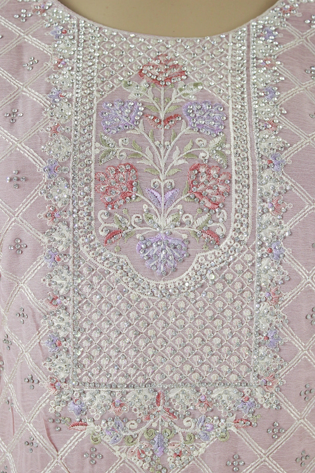 Light Onion Pink 3-Piece Salwar Suit Set with Organza Chiffon Kurti, Elastic Pant & Stone Work Dupatta