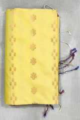 Yellow Semi Soft Silk Saree with Contrast Border, Gold Zari Buttas and Traditional Floral Zari Border