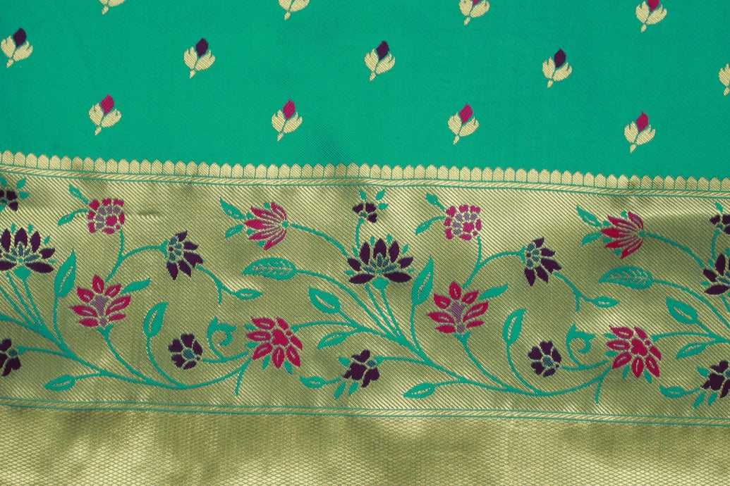 Green Paithani Silk Saree with Floral Pallu Design and Border, Small Butti All-Over, Comes with Blouse