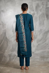 Navy Blue Cotton 3-Piece Kurti Set with Embroidered Floral Work, Elastic Pant & Jacquard Dupatta