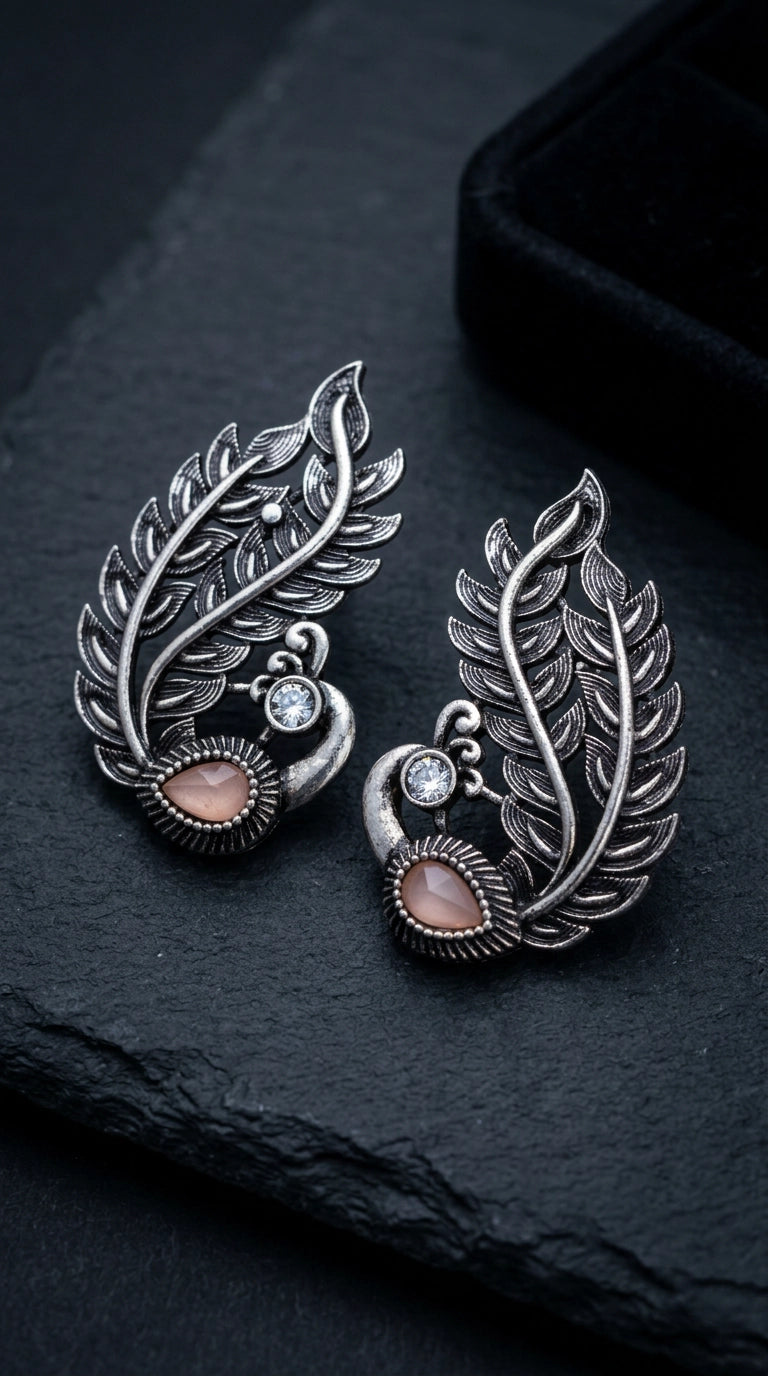 Oxidized Silver Leaf Teardrop Amber Stone Stud Earrings with Ear-Cuff Inspired Shape for Women