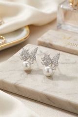 White Stone Butterfly Stud Earrings with Round Pearl Drop, Silver-Tone Fashion Jewellery for Women