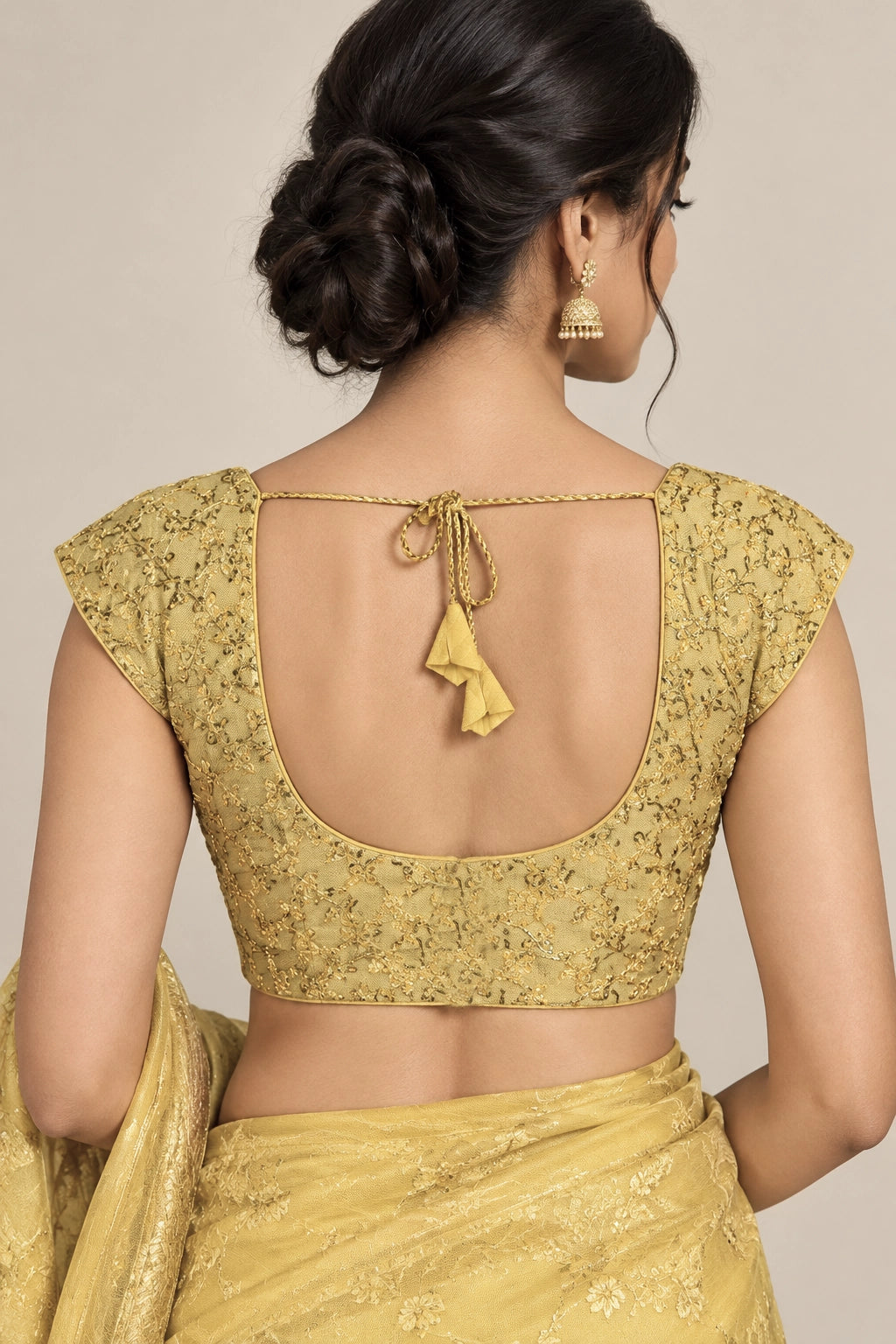 Sandal Readymade Designer Padded V-neck Blouse for Sari Choli with Floral Weaving, Short Sleeve, Back Knot