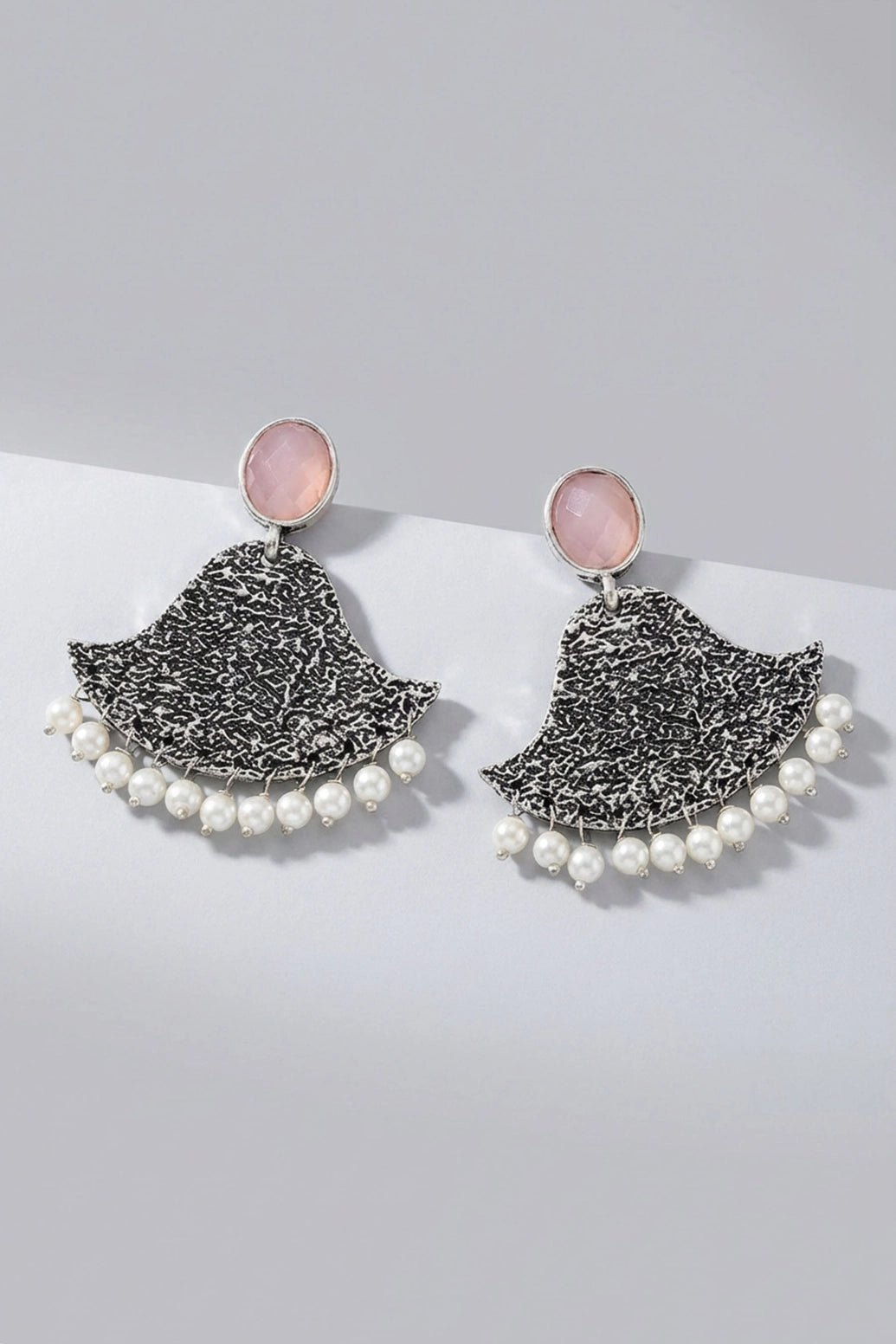 Pink Stone Silver-Tone Textured Triangle Dangle Earrings with Pearl Drops, Party/Festive Wear for Women