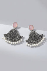Pink Stone Silver-Tone Textured Triangle Dangle Earrings with Pearl Drops, Party/Festive Wear for Women