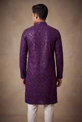 Men’s Purple Chikankari Cotton Kurta with Copper Sequin Embroidery, Wine/Purple Base
