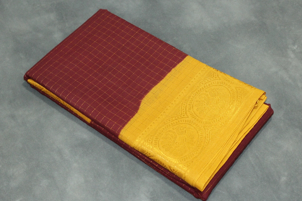 Pure Sungudi Cotton Checked Saree with Peacock Gold Zari Double Border - Brown Saree JCS Fashions