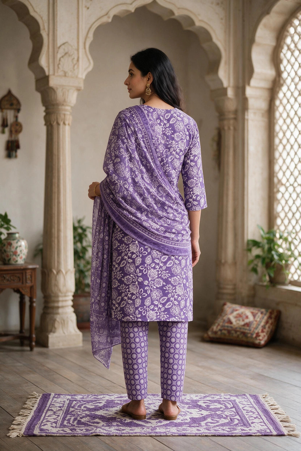Purple Floral Cotton 3-Piece Kurti Set with Embroidered Neck, Elastic Pant & Matching Dupatta